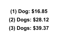 (1) Dog: $16.85 (2) Dogs: $28.12 (3) Dogs: $39.37